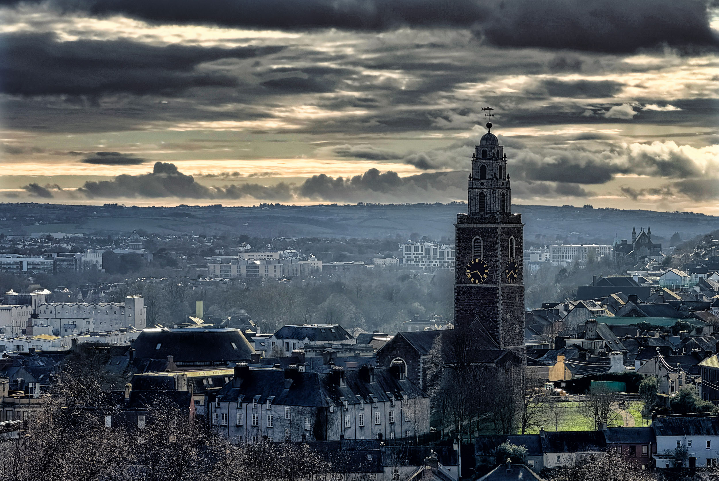 View west from Patrick's Hill across Bell's Field toward St. Anne's Church and the Cork skyline, County Cork